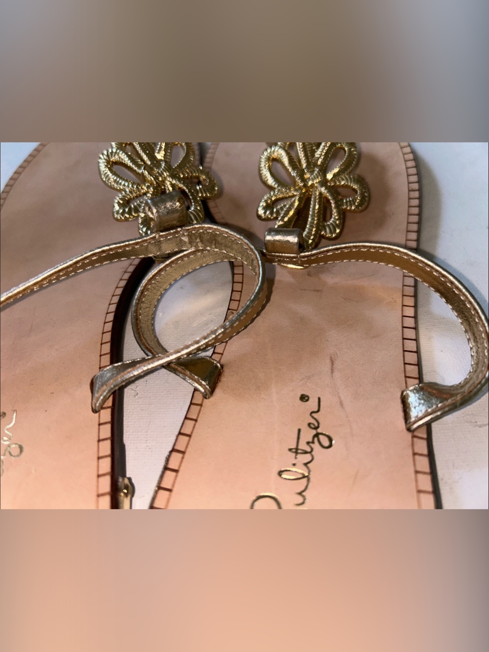 Lilly Pulitzer Metallic Gold Floral T-Strap Sandals - Picture 4 of 6